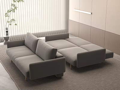 Modern Gray Fabric Two Seater Sofa With Rug Window Blinds And Potted Plant 3d model