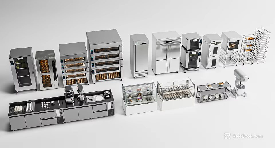 Stainless Steel Modern Kitchen Appliances Including Ovens Refrigerators And Display Cases 3d model 