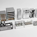 Stainless Steel Modern Kitchen Appliances Including Ovens Refrigerators And Display Cases