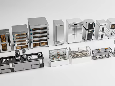 Stainless Steel Modern Kitchen Appliances Including Ovens Refrigerators And Display Cases 3d model