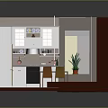 Cartoon Kitchen Scene With Cabinets Refrigerator Dining Table Chairs And Plant