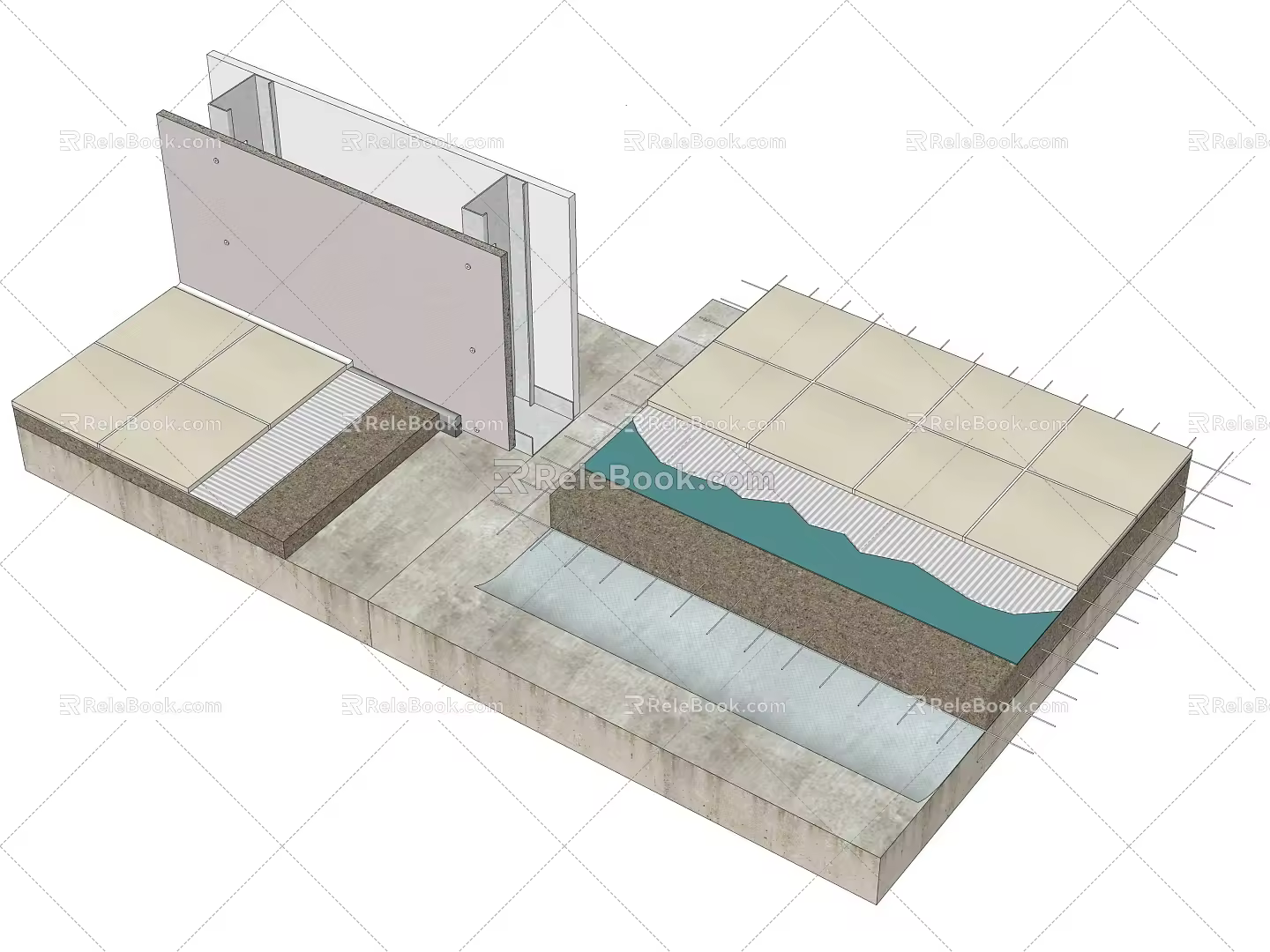 Process drawing of light partition wall and floor closing 3d model