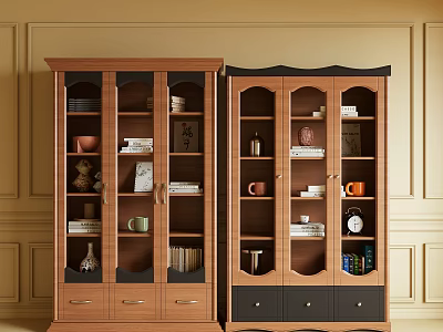 Two Wooden Bookcases With Glass Doors Books Mugs Decorative Items And Beige Wall Paneling 3d model