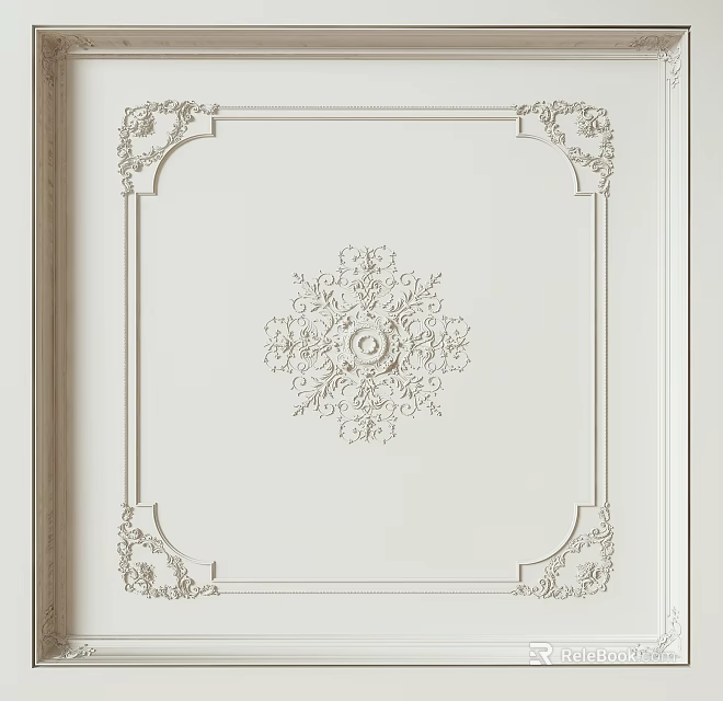 Elegant Decorative Ceiling Design with Central Floral Ornament and Corner Plaster Moldings 3d model 