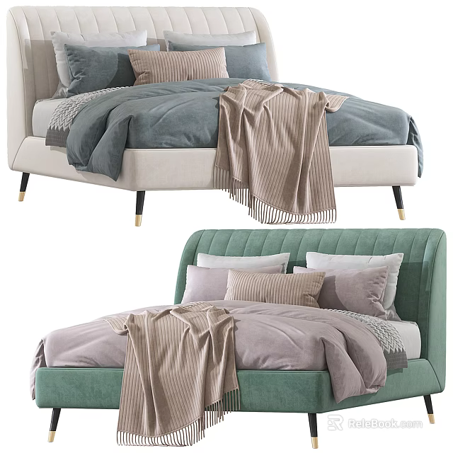 Modern Double Bed with Gray Bedding Beige Headboard Gold Legs and Brown Blanket 3d model 
