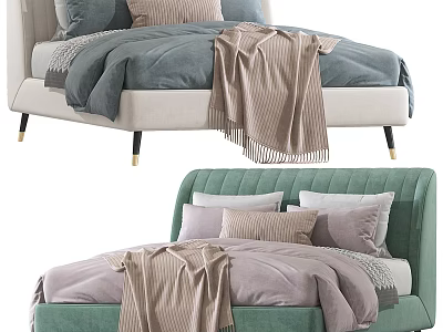 Modern Double Bed with Gray Bedding Beige Headboard Gold Legs and Brown Blanket 3d model