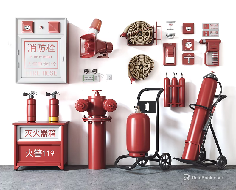 Comprehensive Fire Equipment Set With Hydrant Extinguisher Cabinet Hose And Alarm Button 3d model 