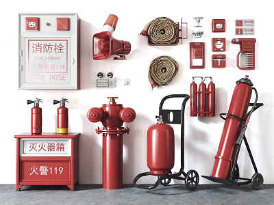 Comprehensive Fire Equipment Set With Hydrant Extinguisher Cabinet Hose And Alarm Button 3d model