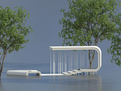 Modern White Pergola Design With Sleek Lines Seating And Trees By Water Surface 3d model