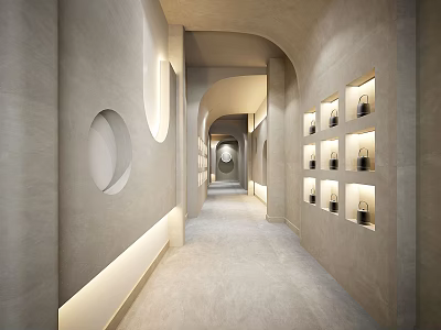 Modern Elevator Hallway With Gray Walls Circular Decorations Arched Elements Recessed Niches And Soft Lighting 3d model