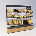 Bakery Display Shelf With Black Frame Multiple Layers Holding Fresh Bread And Wooden Base 3d model