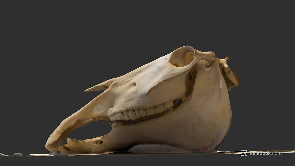 Detailed Horse Skull With Visible Teeth And Bone Structure Against Dark Background 3d model