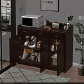 Wooden Sideboard with Microwave Teapot Fruits Green Plant and Open Storage Drawers for Kitchen Supplies