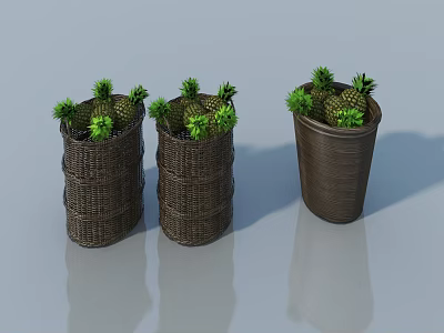 Three Creative Garden Decor Woven Planters with Pineapples and Green Plants 3d model
