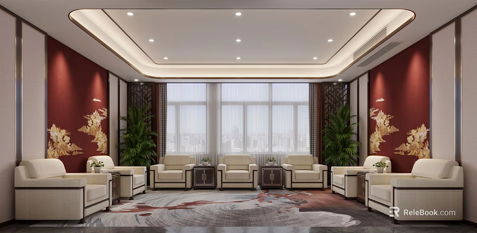 Chinese Style Hotel Public Lounge Area With Red Walls Golden Decorations And Beige Sofas 3d model 