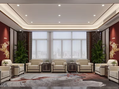 Chinese Style Hotel Public Lounge Area With Red Walls Golden Decorations And Beige Sofas 3d model