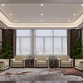 Chinese Style Hotel Public Lounge Area With Red Walls Golden Decorations And Beige Sofas