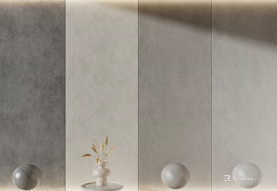 Modern Sofa Background Wall Design With Textured Grey Beige Panels And Vase Sphere Decor 3d model 