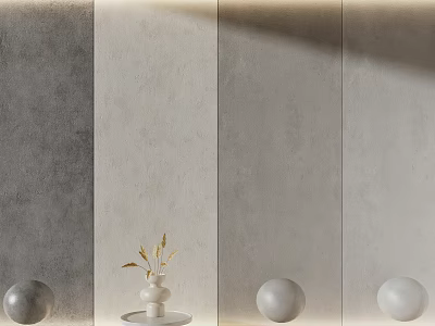 Modern Sofa Background Wall Design With Textured Grey Beige Panels And Vase Sphere Decor 3d model