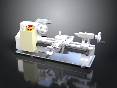Industrial Lathe Machine With Yellow Control Panel And Rotating Metal Components 3d model