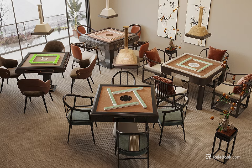 Mahjong Room Interior Design With Wooden Tables Comfortable Chairs And Decorative Paintings 3d model 