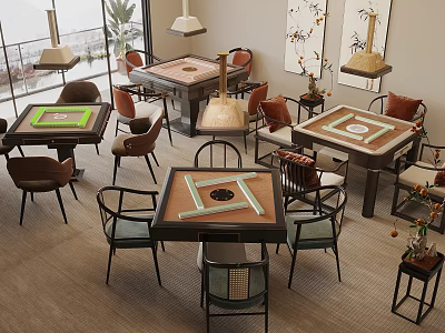 Mahjong Room Interior Design With Wooden Tables Comfortable Chairs And Decorative Paintings 3d model
