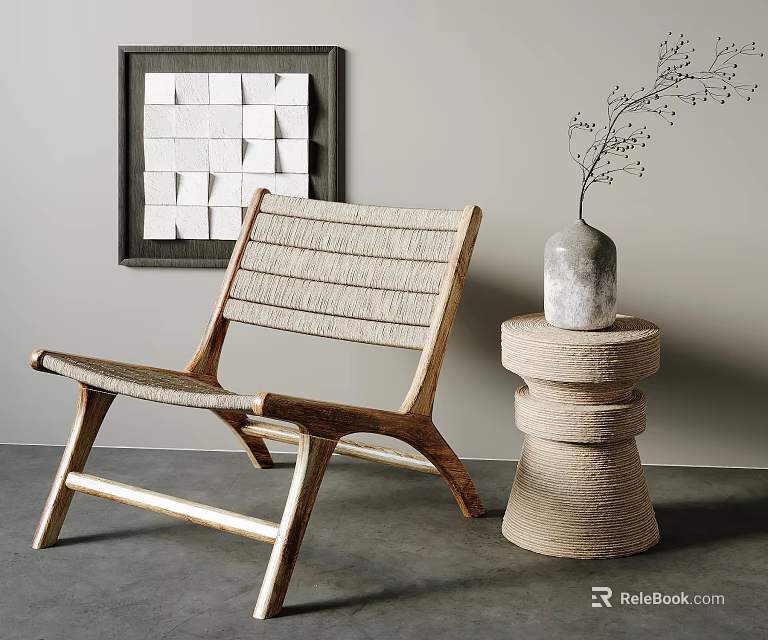Modern Leisure Chair With Wooden Frame Woven Rope Design And Side Table Decorative Vase 3d model 