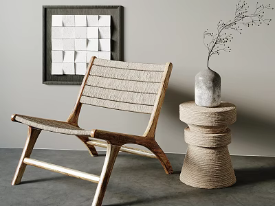 Modern Leisure Chair With Wooden Frame Woven Rope Design And Side Table Decorative Vase 3d model