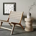 Modern Leisure Chair With Wooden Frame Woven Rope Design And Side Table Decorative Vase