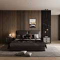 Modern Dark Bedroom With Wooden Walls Leather Headboard Pendant Lights And Floor To Ceiling Windows