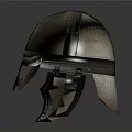 Medieval Style Metallic Helmet With Decorative Face Visor And Neck Guard Design Details