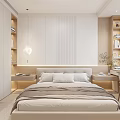 Modern Minimalist Bedroom Interior With Wooden Bed Bookshelf And Pendant Light