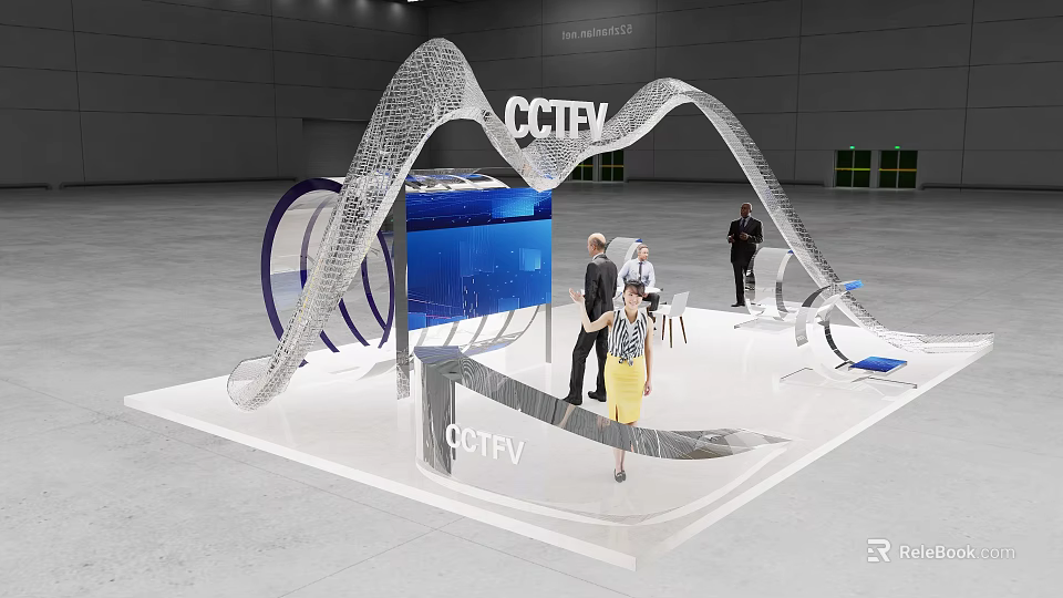Modern CCTV Exhibition Booth With Curved Structure Blue Screen And People Around 3d model 