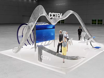 Modern CCTV Exhibition Booth With Curved Structure Blue Screen And People Around 3d model