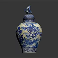 Blue and White Decorative Porcelain Vase With Dragon Lid And Tree Patterns