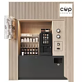 Commercial Coffee Bar Equipment with Wooden Design Black Cabinets Coffee Machine and Cup Storage