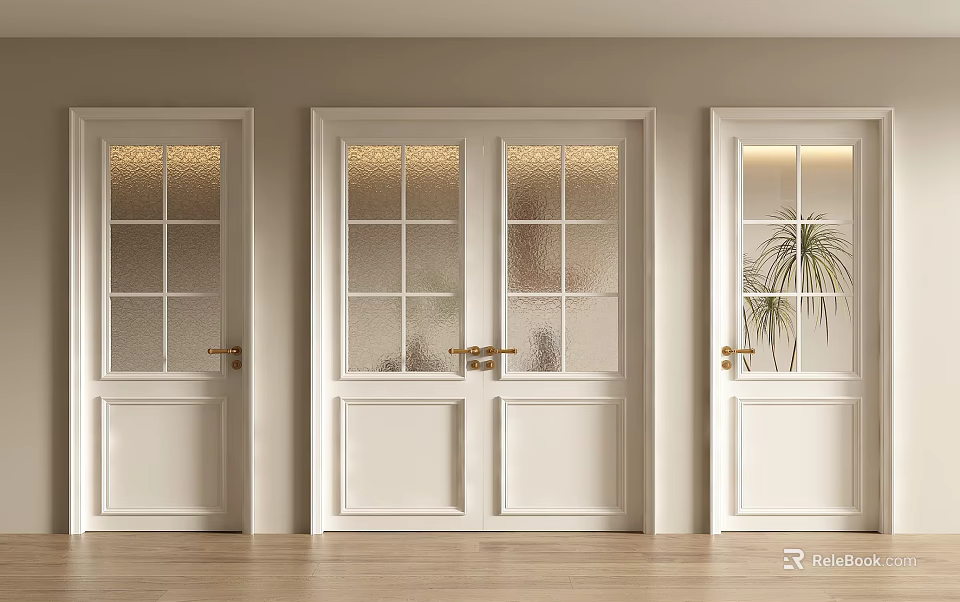 White Double Doors With Glass Panels And Gold Handles Between Single Doors In Interior 3d model 