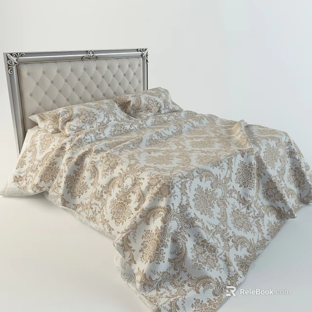 Elegant Double Bed With Silver Carved Headboard And Beige Tufted Design Gold Patterned Bedspread 3d model 
