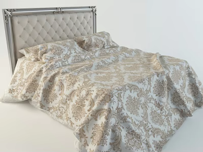 Elegant Double Bed With Silver Carved Headboard And Beige Tufted Design Gold Patterned Bedspread 3d model