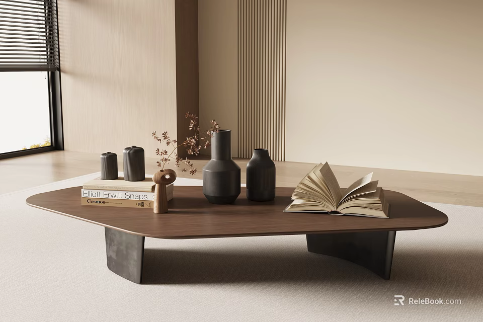 Modern Wooden Coffee Table With Black Metal Legs Open Book Black Vases And Dried Flowers 3d model 