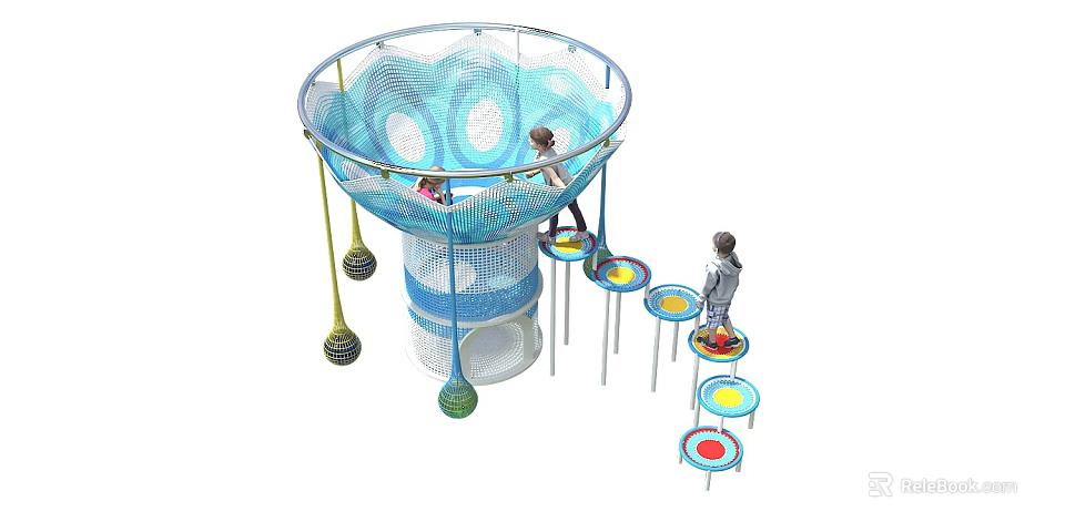 Kindergarten Playground Featuring Net Climbing Structure And Colorful Round Platforms For Children 3d model 