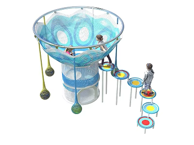 Kindergarten Playground Featuring Net Climbing Structure And Colorful Round Platforms For Children 3d model