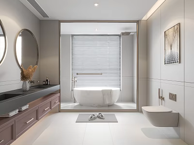 Modern Bathroom Interior With Round Mirrors Black Countertop Brown Cabinets White Bathtub And Blinds 3d model