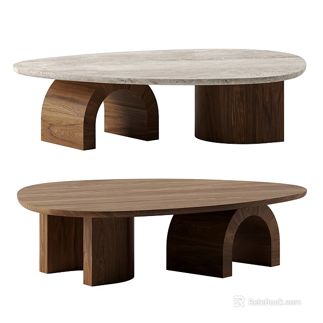 Round Coffee Tables With Wooden Arched Legs And Marble Wood Tops 3d model 