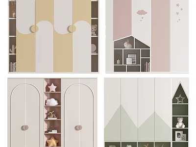Modern Kids Wardrobe Design With Pastel Colors Star Tree Cloud Patterns And Shelves 3d model