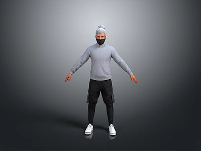 Man in Gray Turtleneck Sweater Black Mask Standing Black Pants White Shoes on Gray Background 3d model
