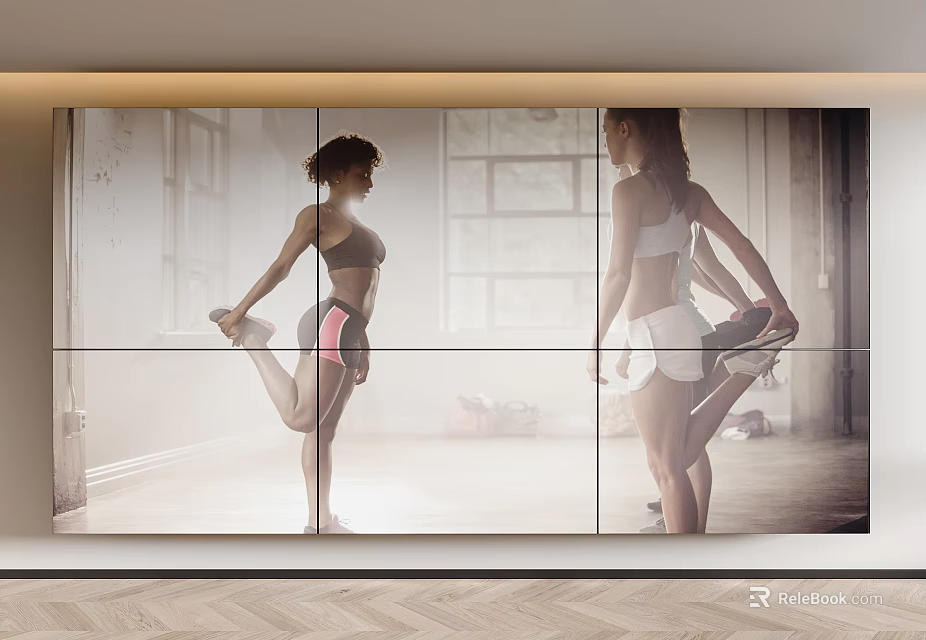 Fitness Billboard Featuring Two Women Stretching in Gym Environment with Multi Panel Design 3d model 