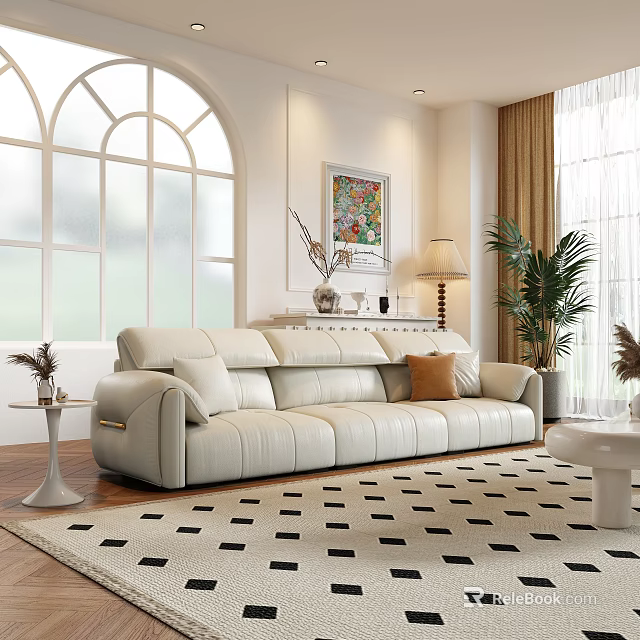 Elegant Modern Living Room Interior With White Sofa Geometric Rug Decorative Painting And Green Plant 3d model 