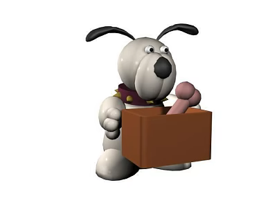 White Stuffed Dog Toy with Black Ears Red Collar Holding Brown Box Containing Bone 3d model