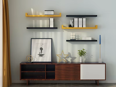 Modern Wooden TV Stand Featuring Yellow Black Floating Shelves Books Framed Art And Green Plant 3d model